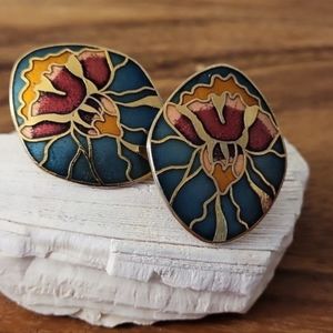 Vintage Cloisonné Iris Design Clip On Earrings